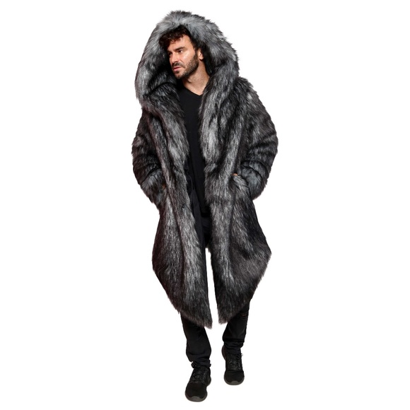 FURROCIOUS FURR Men’s Faux Fur Gray Wolf Long Coat for Festivals Burning Man